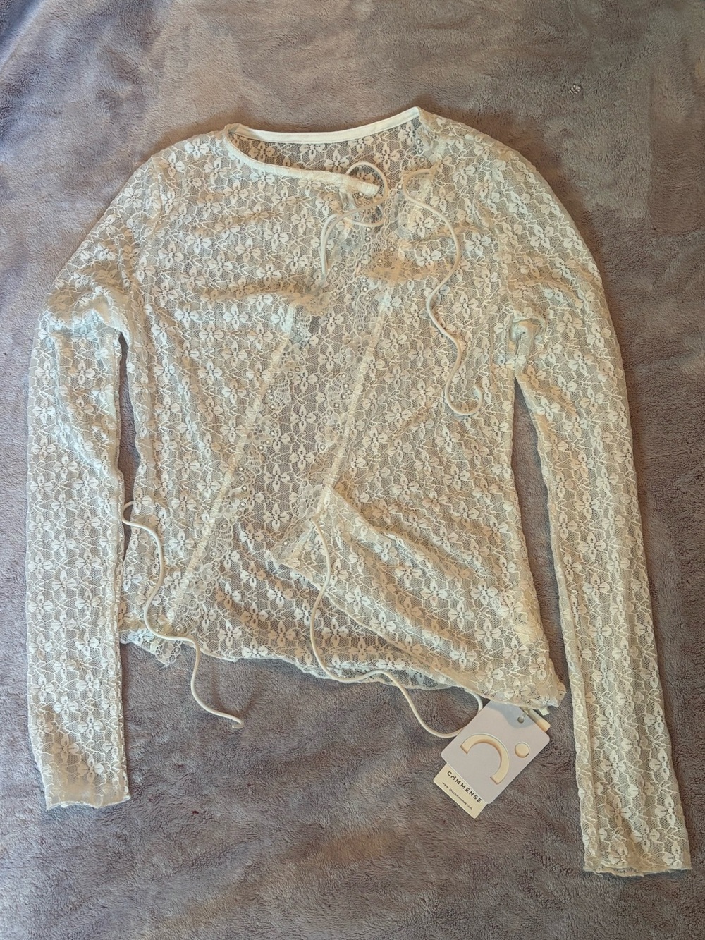 Commense ivory lace long-sleeve tie-front top